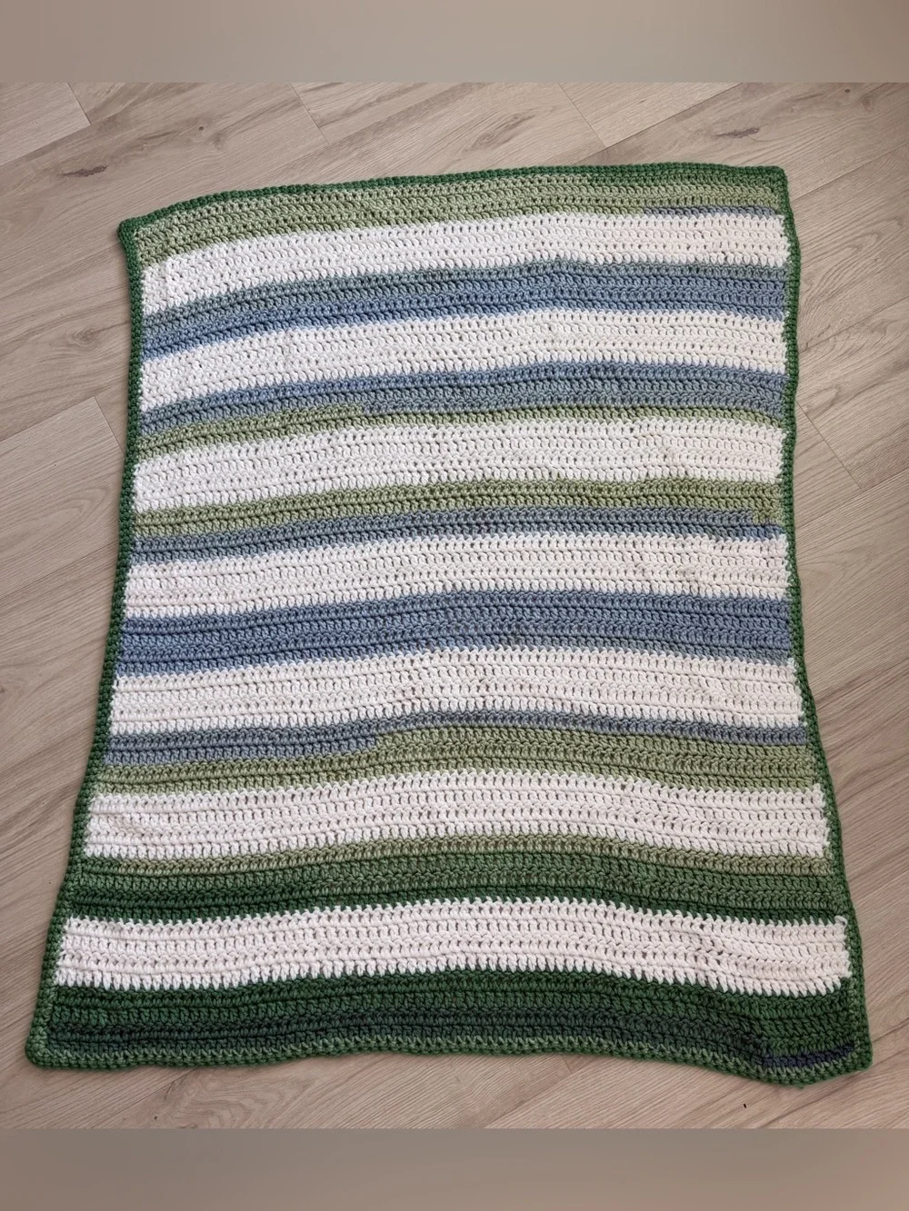 Handmade Crochet Baby Blanket Green Blue Cream Striped Nursery